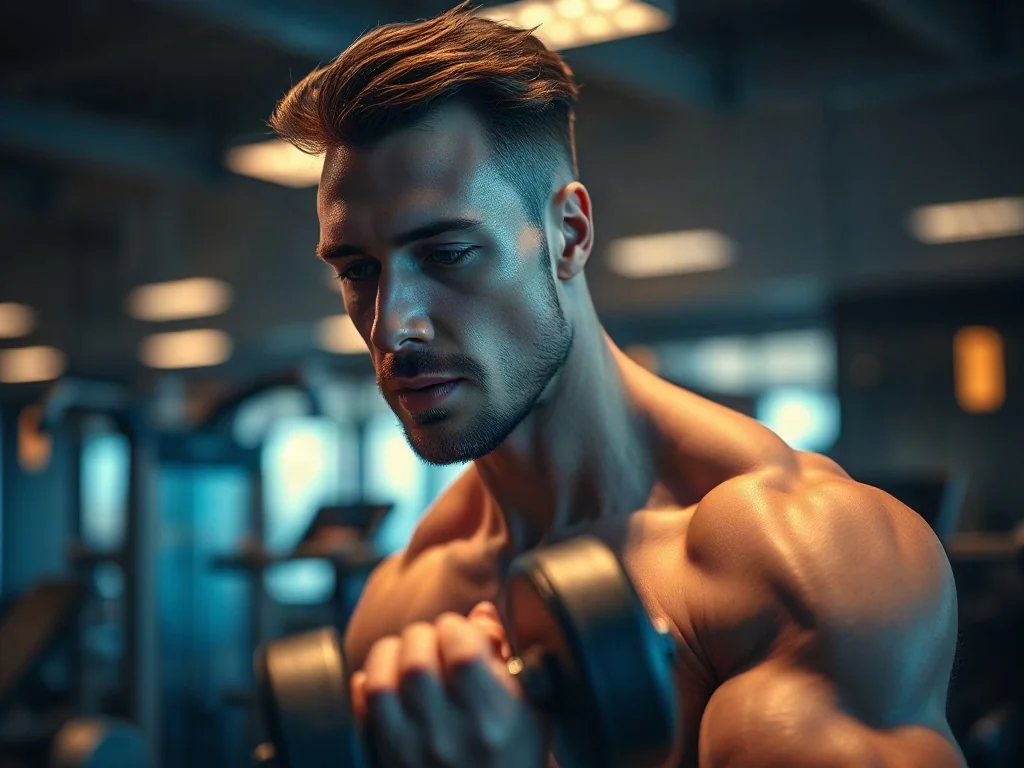 Mężczyzna wykonuje uginanie ramion z hantlem w nowoczesnej siłowni, skupiając się na pracy mięśni bicepsa.