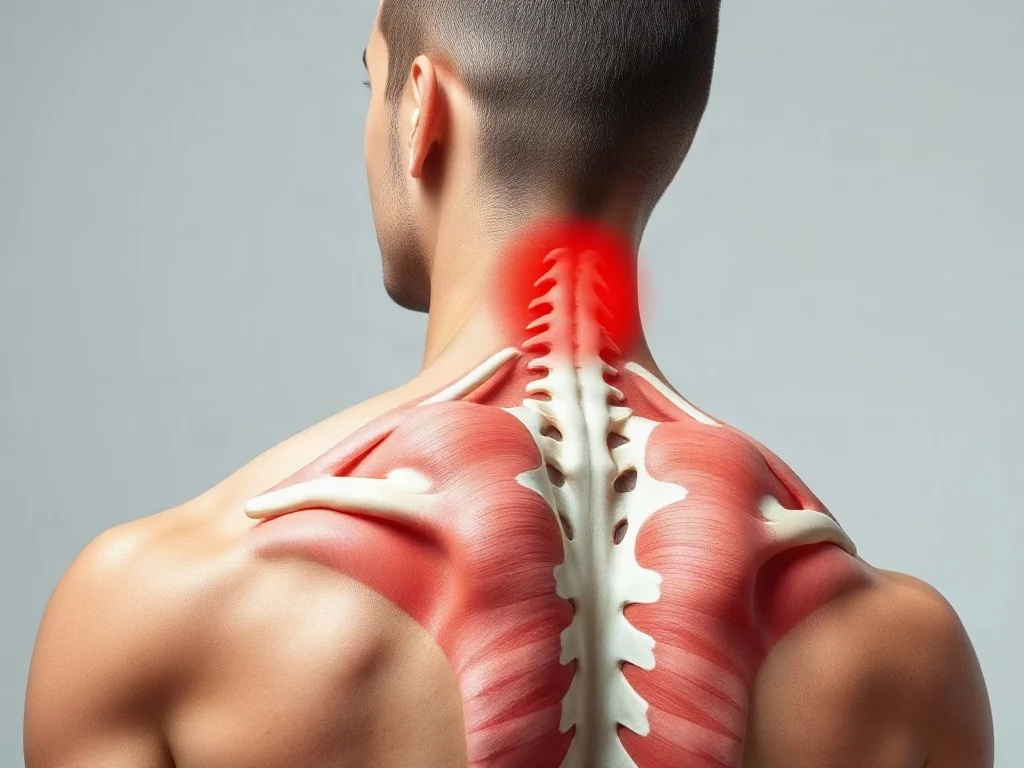 Anatomiczna ilustracja mięśnia zębatego tylnego górnego zaznaczonego na czerwono u mężczyzny w ujęciu klinicznym.