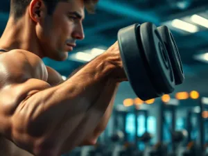 Mężczyzna wykonujący wyprosty ramion na triceps w nowoczesnej siłowni, eksponujące pracę i napięcie mięśnia trójgłowego.