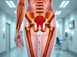Anatomiczne zbliżenie na staw skokowy z zaznaczonym obszarem troczka górnego mięśni strzałkowych.