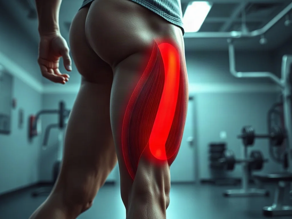 Ilustracja anatomiczna przedstawiająca mięsień przywodziciel wielki zaznaczony na czerwono w obrębie uda.