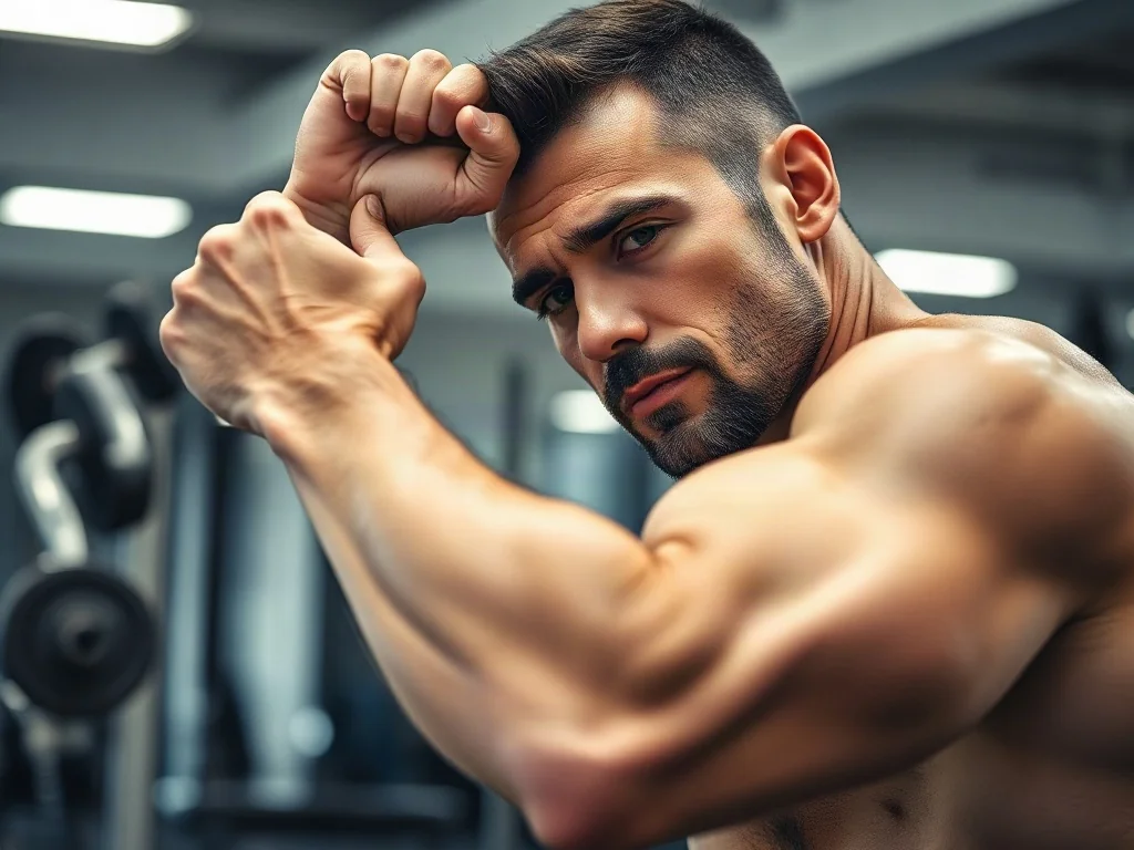 Mężczyzna wykonujący ćwiczenie izometryczne na biceps, z wyraźnie napiętymi i zarysowanymi mięśniami ramienia.