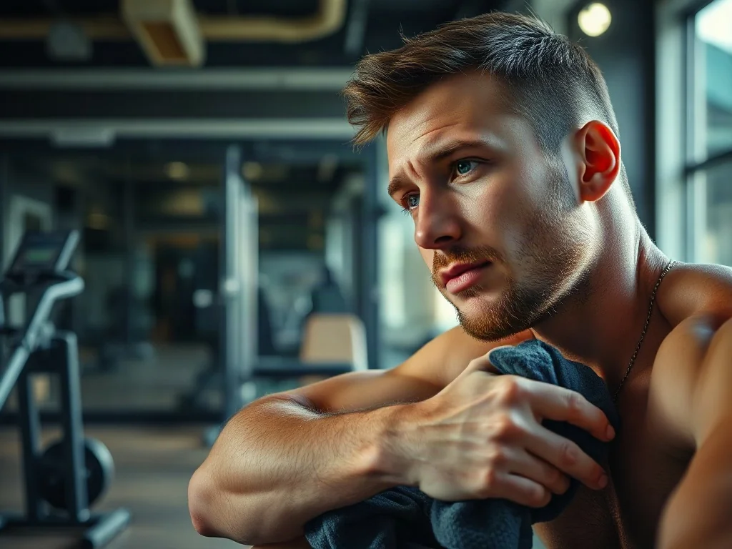 Sportowiec odpoczywający na ławce po treningu, wycierający pot ręcznikiem w nowoczesnej siłowni.