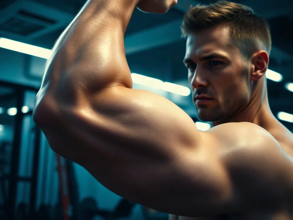 Mężczyzna wykonujący wyprosty ramion na triceps w nowoczesnej siłowni, eksponujące pracę i napięcie mięśnia trójgłowego.